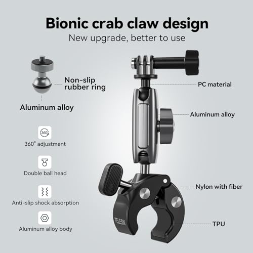 TELESIN Soporte de Motocicleta para DJI, Soporte de Bicicleta para DJI Osmo Action 5 Pro/4, Insta360 X3/X4, GoPro Hero 13/12/11/10/9, Acción Cámara Accesorio con Rotación de 360° y 1/4-20 mm Adaptador - imagen 6