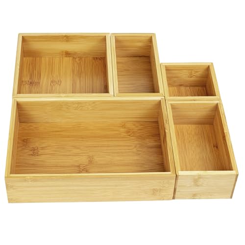 VaeFae 5-Piece Bamboo Drawer Organiser, Multi-use Wooden Drawer Dividers, Bamboo Organizer Box for Kitchen, Bathroom, Office Desk, Bedroom and Living Room VaeFae 5-Piece Bamboo Drawer Organiser, Multi-use Wooden Drawer Dividers, Bamboo Organizer Box for Kitchen, Bathroom, Office Desk, Bedroom and Living Room