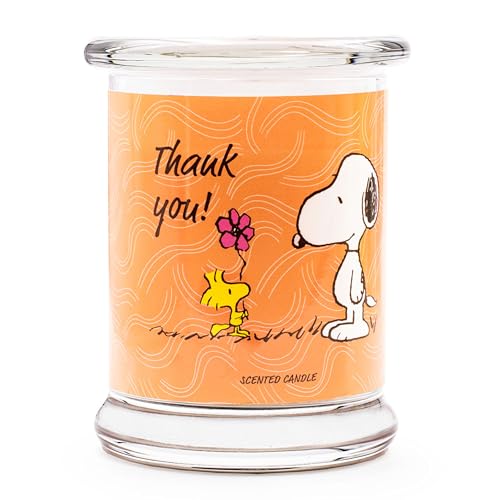 Peanuts Thank You Bougie parfumée dans un pot en verre avec couvercle - Petite bougie parfumée à la vanille - 250 g - Durée de combustion jusqu'à 50 h - Idée cadeau parfaite pour les femmes