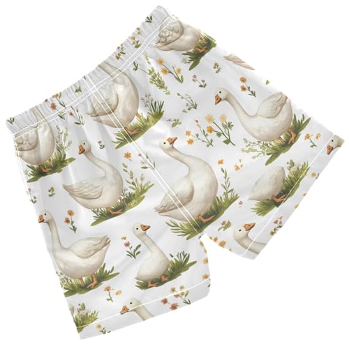 Pigsaly Boys' Swim Board Shorts Spring Flowers Grass White Geese Funny Goose Boy's Swim Trunks Kids Swimwear S2