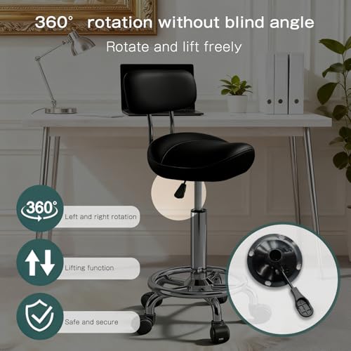 Image of Saddle Stool with Back and Ring Pedal, Adjustable Hydraulic Rolling Chair with Wheels for Salon, Spa, Medical, Massage & Drafting Use Black