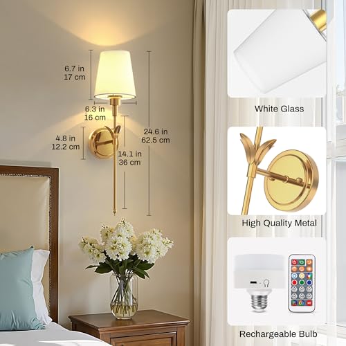 Image of DORESshop Battery Operated Wall Sconce Set of 2, Wireless Wall Light Easy to Install, 7 Color Rechargeable Wall Sconces, Sconce Wall Decor Set of 2 for Bedroom, Living Room, Brass, 24.6in