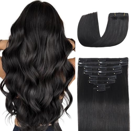 Image of Clip in Hair Extensions Real Human Hair 18 inch 100g /3.6oz Straight Seamless Invisible Human hair Extensions Clip ins for Women Double Weft 8pcs #1B-Red Black