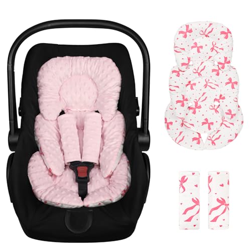 Image of Infant Car Seat Insert with 2 Strap Pads, Super Soft Carseat Head and Body Support for Baby Boys and Girls, Reversible Newborn Car Seat Insert Cushion for Strollers, Bouncers, Swing, Pink Bow