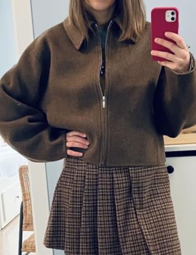 Womens Cropped Wool Jacket Plain Zipper Short Pea Coats Fall Winter Trendy Tweed Jackets 20254