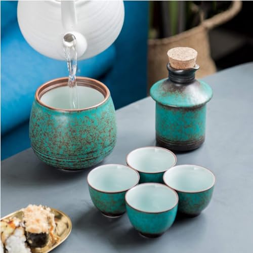 QPZK Japanese Ceramic Sake Set With Warmer,Sake Cup Ceramic Japanese Sake Set Gift Set,Vintage Traditional Porcelain Crafts Sake Cup for Cold/Warm/Hot Sake/Shochu/Tea green