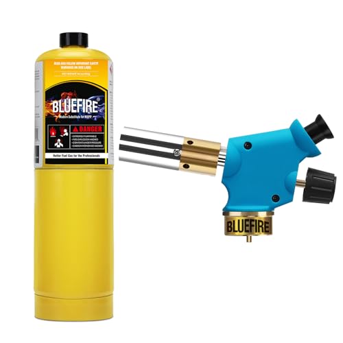 BLUEFIRE Handy Cyclone Torch Kit with MAPP Cylinder Push Button Trigger Start Nozzle Head Fuel by Propane MAPP MAP PRO Gas Welding Soldering Brazing Cooking Glass Beads DIY