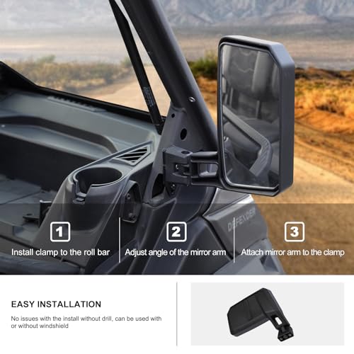 Image of Kiwi Master Large Side Mirrors for 2016-2026 Can-Am Defender /HD11 | Accessories, (Not Soft Doors / Soft Cab Enclosures), OEM Replacement 715008100, Adjustable Folding Rear View Mirror, Pair
