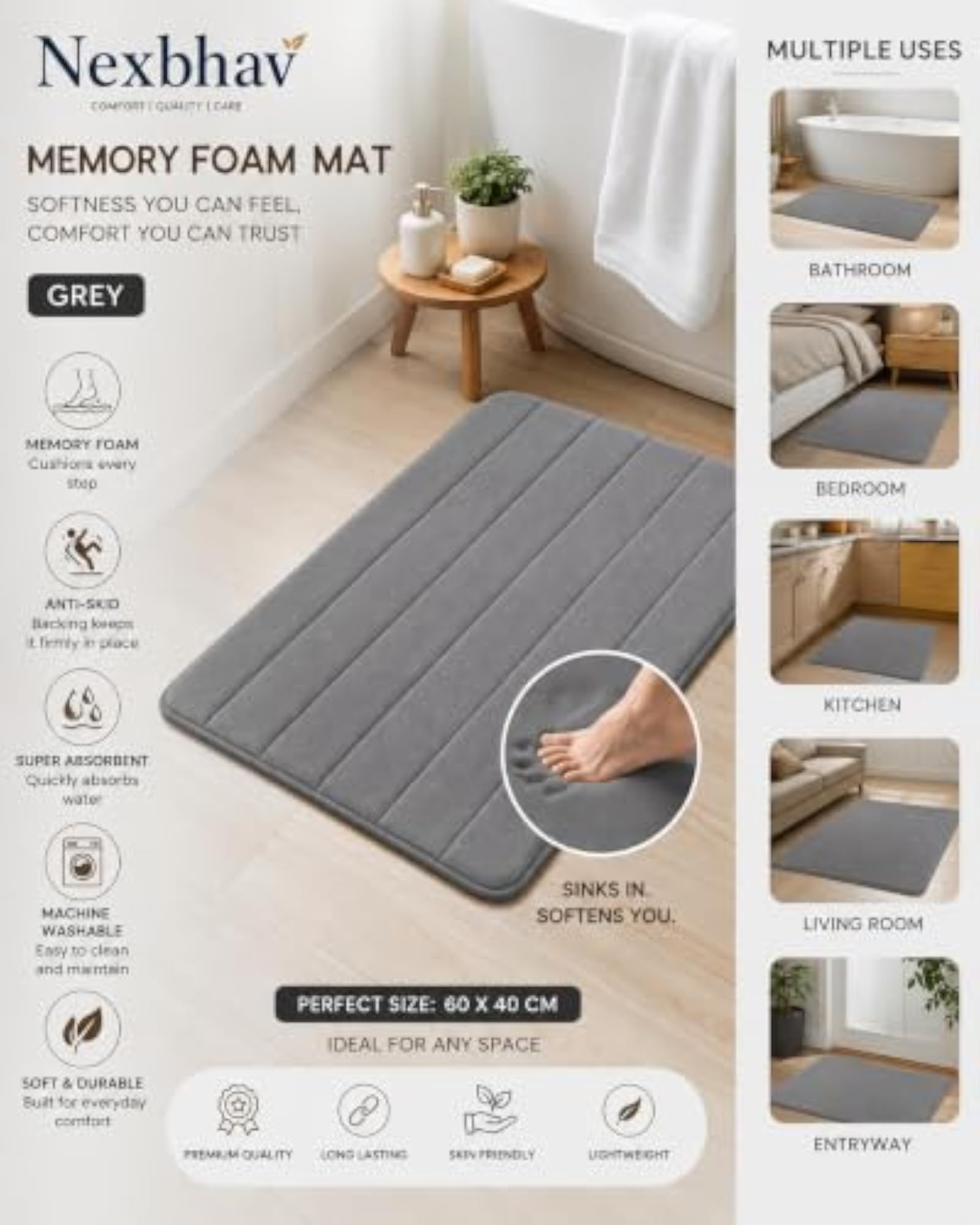 Memory Foam Bath Mat, Comfortable and Soft, 60 x 40 cm