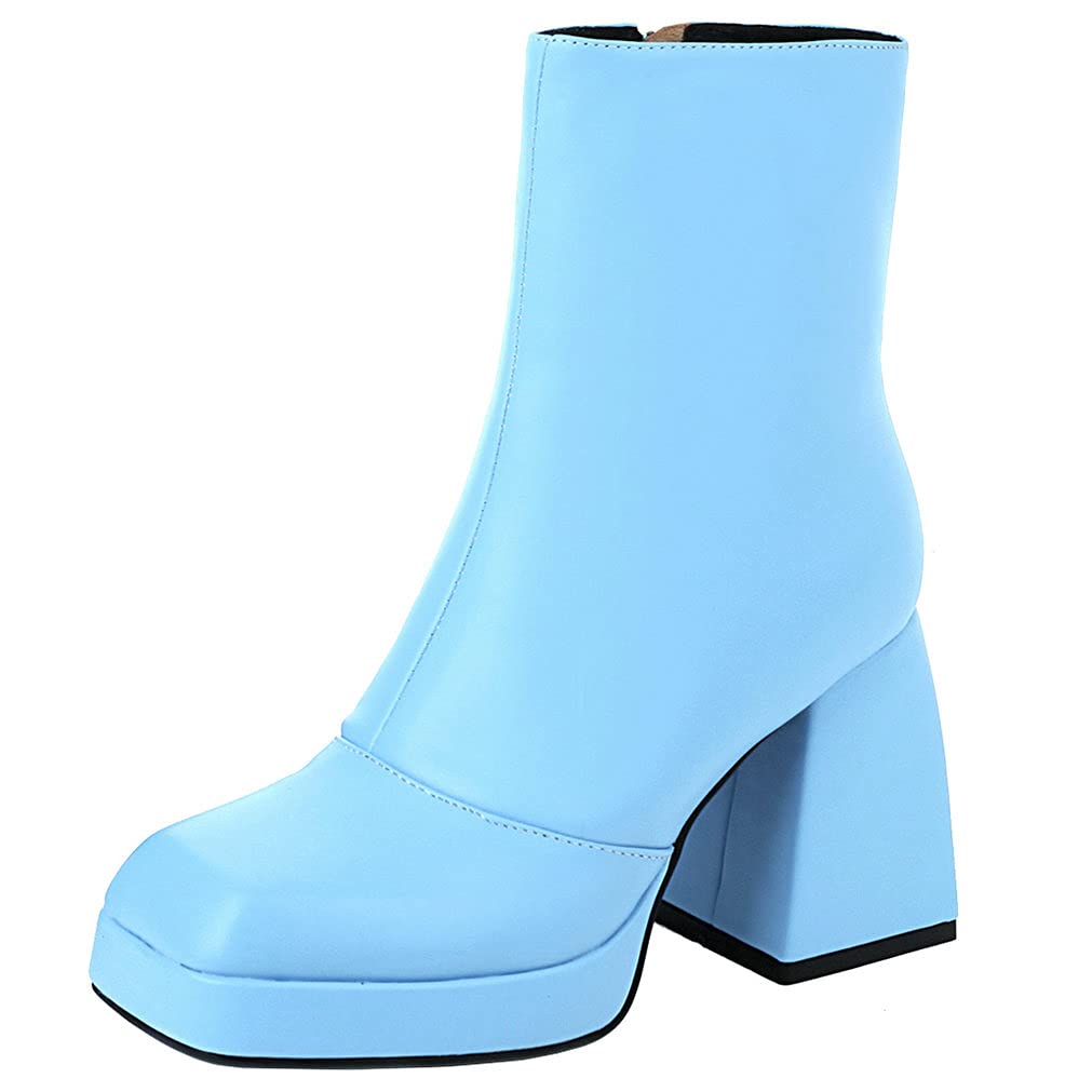 Meefit Women Chunky Heeled Platform Gogo Ankle Boots Square Toe Booties