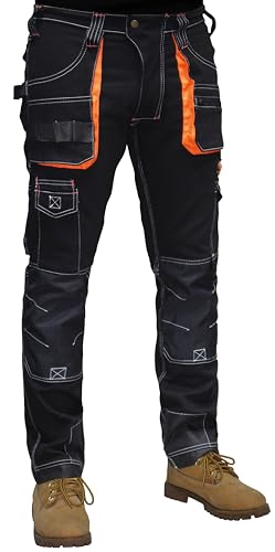 HASHOOB TRADING FZE Mens Work Trousers Heavy Duty Cargo Combat Work Pant Multi Pockets Knee Pad Cordura Protection Pockets (BLACK2 32W X 32L)