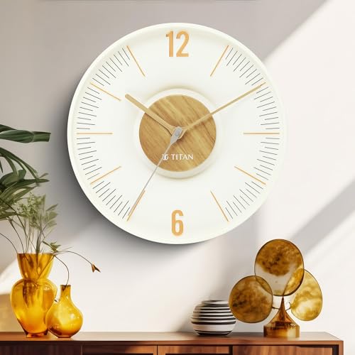 Image of Titan Earth Flare Wall Clock with White Dial & Wood Texture Finish, 3D Raised Indices, Silent Sweep, Model W0093PA01 | 32 cm x 32 cm x 2.7 cm