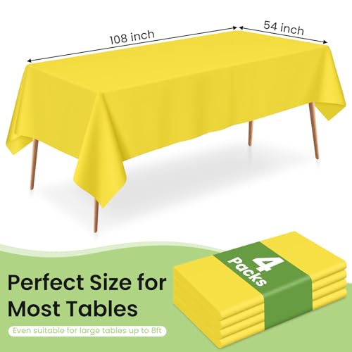 Image of LANLISA 4 Pack Yellow Plastic Table Cloths Disposable, 54 x 108 Inch Rectangle Tablecloth, Easter Party, Decorative Tablecloths Lemon Plastic Cover