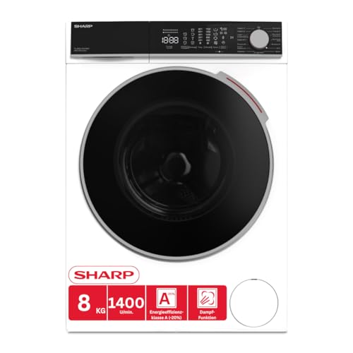 SHARP Waschmaschine ES-WNFL814CWDA-DE | 8 kg | 1400 U/Min | A -20% Energieeffizienz | WLAN | Dampf | AllergySmart | LED Touch | AquaStop | Advanced Inverter | DoubleJet | Weiß