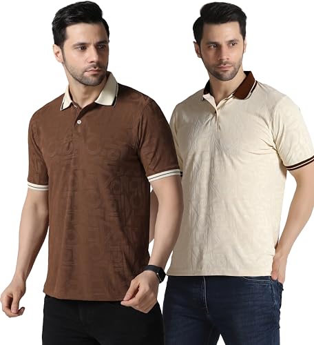 Image of TOPLOT Men's Premium Jacquard Polo T-Shirt | Geometric Textured Design | Contrast Collar & Cuffs | Soft Breathable | Perfect for Office & Casual Wear | Available in Pack of 2 (5281)