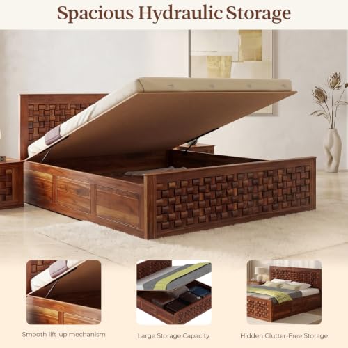 Image of WOODLAB Furniture Solid Sheesham Wood Niwar Queen Size Bed with Hydraulic Storage Wooden Double Bed Furniture Palang for Bedroom Living Room Home (Honey Finish)