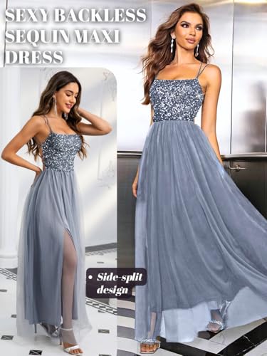 Image of ShawGobow Tulle Prom Dress with Slit,Sequin Backless Long Flowy Dresses for Women,Sexy Sparkly Outfits Homecoming Wedding