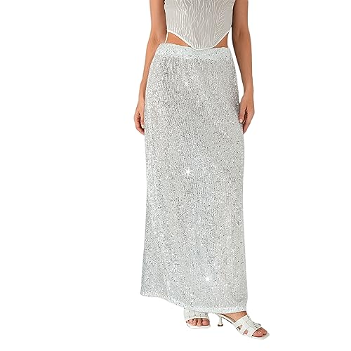 Women's Elegant Sparkly Sequins Midi Skirts Elastic Waist Shiny Glitter Slim Casual Pencil Formal Party Skirt