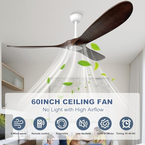 Image of 60 inch Ceiling Fan without Light,3 Solid Wood Blades Dark Walnut Finished,Outdoor Ceiling Fan for Living Room,Patio,Porch(White+Dark Walnut)