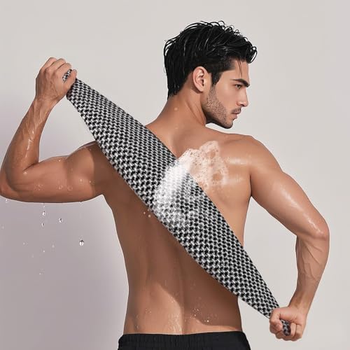 1 Pack Exfoliating Body Scrubber, Long-Strip Back Scrubber, Loofah Sponge for Showering, Black Grid