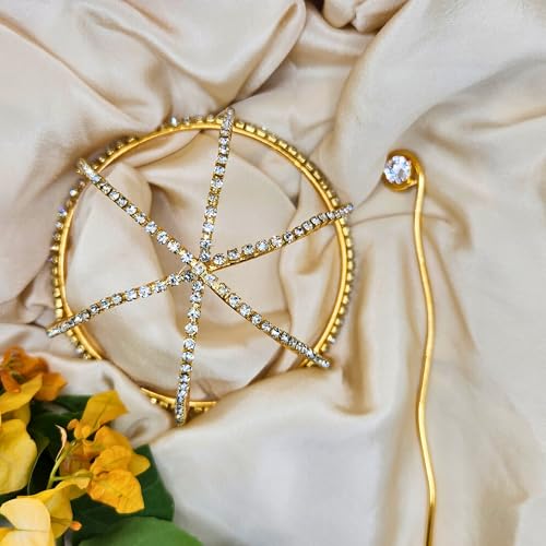 Image of Hair Bun Cage Accessory for Women | Handcrafted Brass Juda Cover with Stick | Anti-Tarnish Traditional Hair Accessory for Wedding & Festive (Rhinestone Hair Bun (Golden))