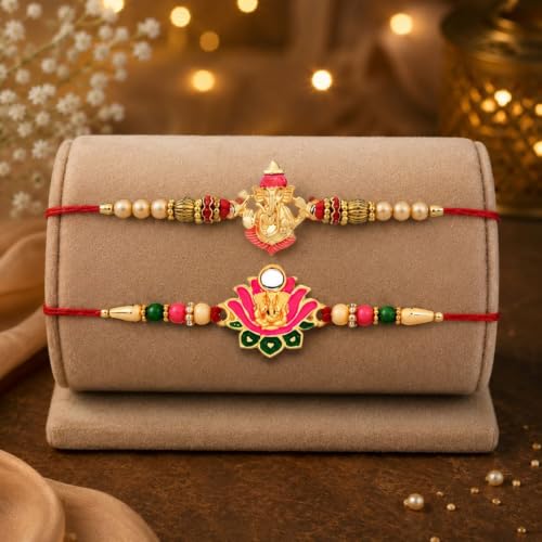 Image of DeoDap Rakhi with Chocolate for Brother - Golden Color Stylish Ganesha Ji Design Rakhi 2 Pcs with Almond Chocolate 32 Gm, Greeting Card, Silver Color Coin & Tilak Set - Traditiional Raksha Bandhan Combo
