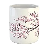 Ambesonne Japanese Mug, Branch of a Flourishing Sakura Tree Flowers Cherry Blossoms Spring Theme Art, Printed Ceramic Coffee Mug Water Tea Drinks Cup, Pink Dark Brown