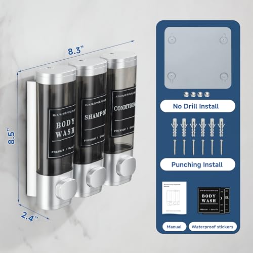 Image of Shower Soap Dispenser Wall Mounted No Drill Shampoo Dispenser for Shower Wall Shampoo and Conditioner Dispenser Bathroom Hotel 3 * 300ml with Waterproof Labels Sliver