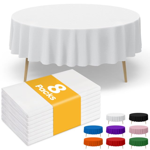 Niuara White Plastic Table Cloth - 8 Pack 84" Round Disposable Tablecloths for Round Tables, Table Cover for Holiday Parties &amp; Gatherings