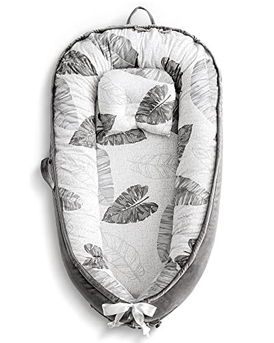 Image of Baby Lounger Baby Nest Bassinets, Cottonblue Newborn Infant Lounger Nest for Travel, Tummy Time, Soft 100% Cotton & Velvet Breathable Baby Bed, Essentials Gifts for Baby, Grey Leaves