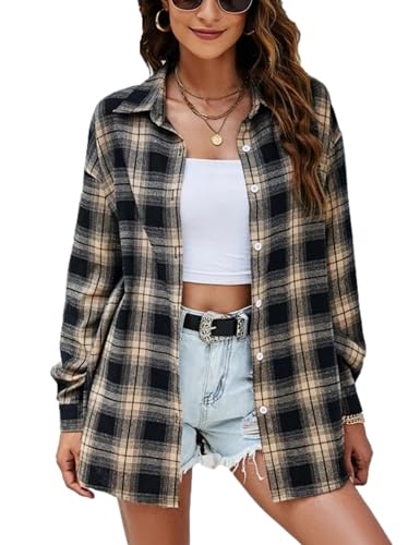 HangNiFang Flannel Plaid Shirts for Women Oversized Button Down Shirts Blouse