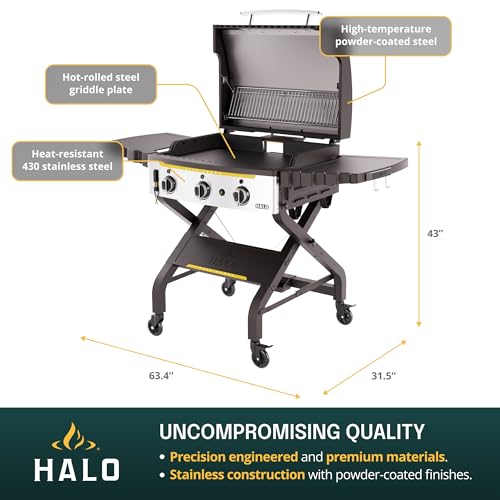 Image of HALO Elite3B Outdoor Griddle | 3 Burner, 6 Cooking Zones | Large Surface with Warming Rack | 564 sq. in. (28.19″ x 20″) Wind-Proof Cooking Surface | Propane and Natural Gas Grill | HZ-1002-XNA