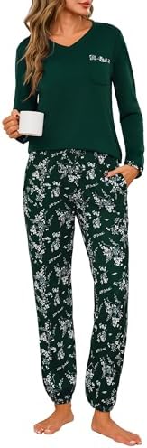 Jahetuul Schlafanzug Damen Langarm Pyjama Baumwolle lang Nachtwäsche Pyjamas Set Baumwolle Lounge Set Schlafanzüge für Damen Pyjamahose mit Bündchen