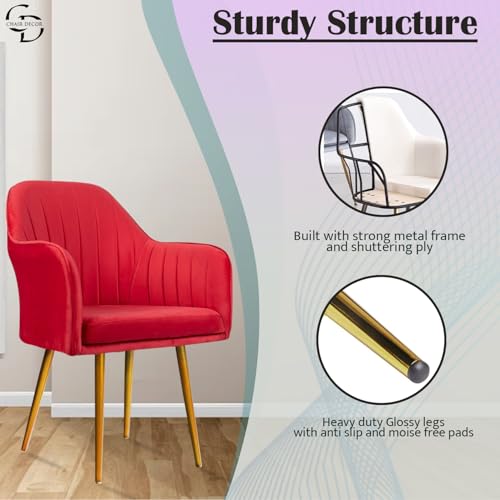 Image of Velvet Accent Chair | Luxury Upholstered Armchair with Sturdy Metal Legs | Modern Comfortable Chair for Living Room, Bedroom, Office, or Cafe (Golden Legs, Red Set of 2)