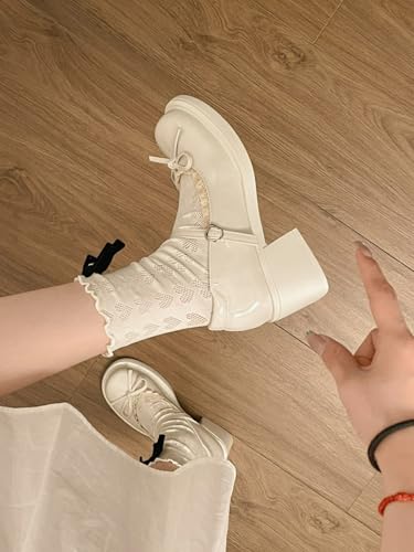 ZQW Women's Kawaii Lolita Y2K Retro Leather Mid Block Heel Mary Jane Shoes with Bow Round Toe Lace Platform Chunky Pumps4