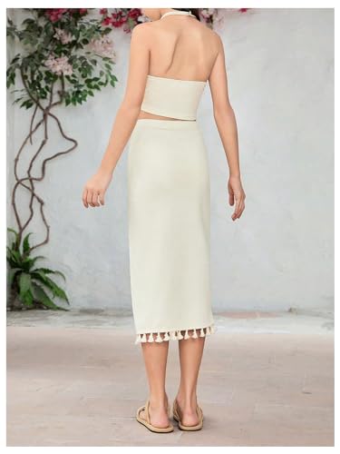 Image of SHENHE Girl's 2 Piece Summer Clothes Tassel Halter Crop Top and Slit Midi Skirt Set Vacation Outfits