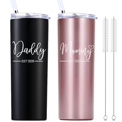 momocici Daddy and Mommy Est 2026 20 OZ Skinny Tumbler.New Parents Gifts.Pregnancy Anniversary Parents to be Couple Gift.Gifts for New Dad New Mom Mother's Day Father's Day.(Black&Rose Gold)