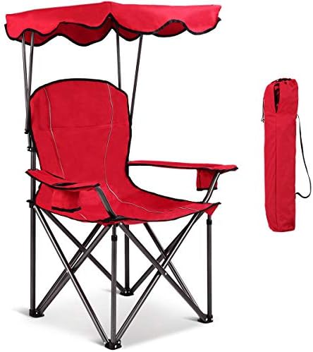 Goplus Beach Chair with Canopy Shade, Folding Lawn Chair with Unmbrella Cup Holder & Carry Bag, Portable Sunshade Chair for Adults for Outdoor Travel Hiking Fishing (Red)