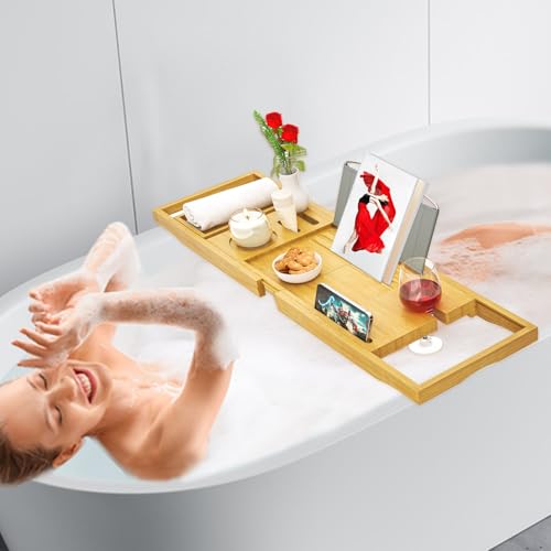 Ausziehbare Badewannenablage - Verstellbares Badewannenbrett Badewannen Ablagen - rutschfeste Badewannenablage Passend für die meisten Badewannen - Hält Buch, iPad, Telefon, Glas, Kerze