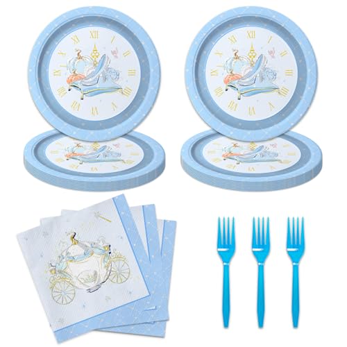 Lot de 48 fournitures de fête d'anniversaire Cendrillon comprenant 16 assiettes à dessert, 16 serviettes et 16 fourchettes, utilisées pour décoration de fête d'anniversaire en forme de carrosse de