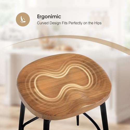 Image of 25 inch Swivel Backless Saddle Bar Stools Set of 2, Walnut | Solid Wood Saddle Seat with Metal Legs, Footrests and Non-Marking Feet for Kitchen Island