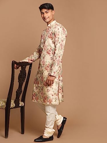 Image of VASTRAMAY Men's Silk Blend Kurta | A Stylish Flower Printed Straight Kurta in Silk Blend Fabric - Traditional for Festive, Wedding