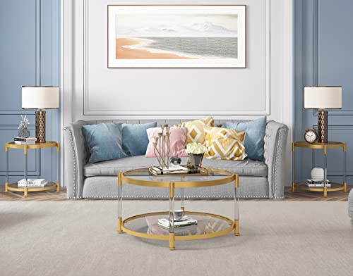 Oiog 2 Tier Round End Table, Gold Accent Side Table With Glass Top, Modern Nightstand For Living Room, Bedroom, Glass/Gold #TOP5