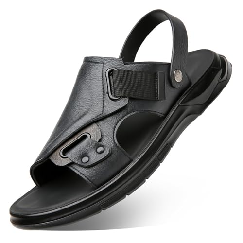 Men'S Pu Leather Flat Sandals With Adjustable Dual-Use Ankle Straps Comfortable Breathable Open-Toe Slip-On Sandals, Soft Casual Sliding Slippers