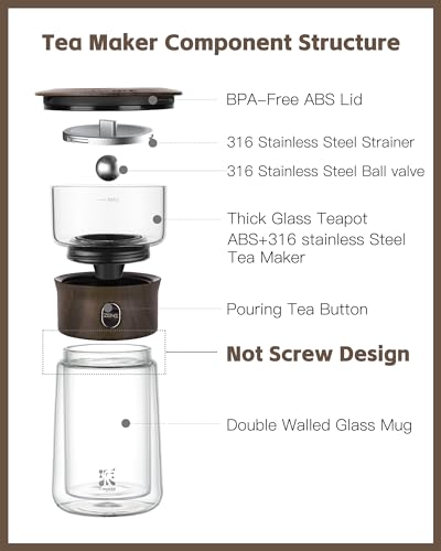 Image of ZENS Modern Glass Infuser Teapot, One Touch Tea Maker for Loose Leaf Tea with Insulated Mug and Portable Case. Enchanted Pot Alternatives for Tea Lover Gifts