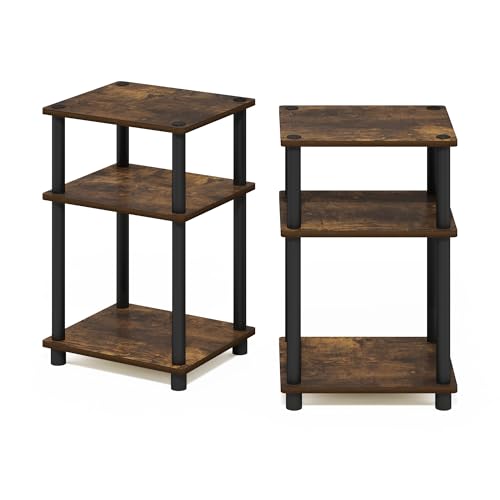 Image of Furinno JUST Side Table Set of 2, 3-Tier Modern End Tables, Open Shelves Night Stand, Nightstand Set, Toolless Assembly, for Living Room, Bedroom, Amber Pine