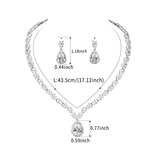 WeimanJewelry Silver/Gold Plated Women Cubic Zirconia CZ Marquise Teardrop Bridal Tennis Necklace and Drop Earring Set for Wedding Brides (Silver)2