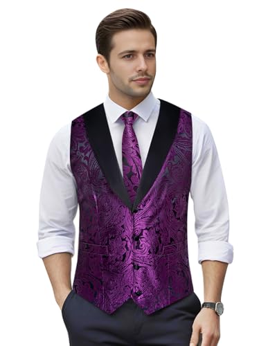 Image of DiBanGu Mens Paisley Suit Vest Silk Jacquard Waistcoat and Necktie Set Formal Shawl Collar Dress Vest 7PCS for Wedding Party