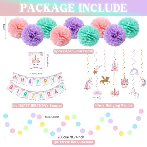 Image of Unicorn Birthday Decorations, Happy Birthday Banner,Unicorn Party Decor | 9pcs Tissue Paper Pom Poms,10pcs Hanging Swirls,Macaron Circle Dots Garland for Girls Bday Party Decorations