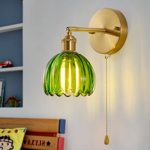 Image of Vintage Wall Sconces with Pullswitch, 180 Degree Adjustable, Hradwired Modern Wall Lighting Fixture with Green Tulip Glass Lampshade for Bedroom Bedside Bathroom